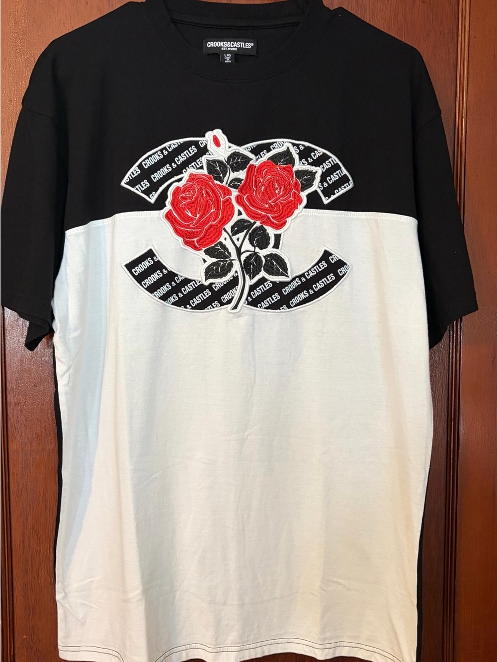 Crooks & Castles Black White Tee with Red Rose Graphic